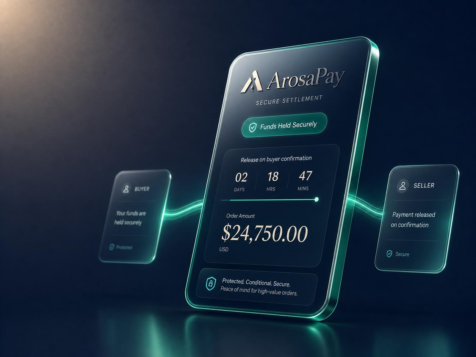 ArosaPay secure settlement card for high-value orders showing Funds Held Securely with a release-on-confirmation timer, bridged between buyer and seller.